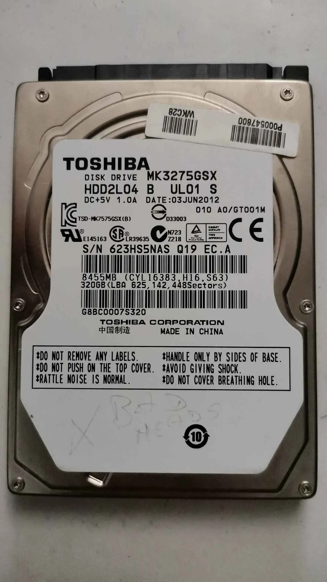 Toshiba MK3275GSX S/N 623HS5NASQ19
