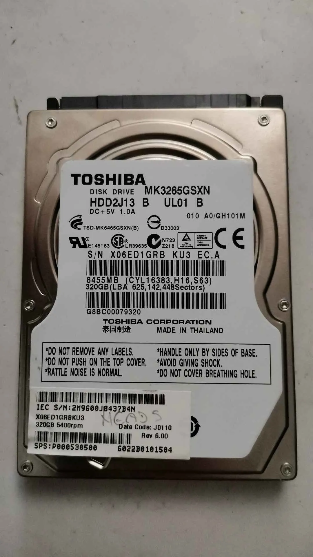 Toshiba MK3265GSXN S/N X06ED1GRBKU3