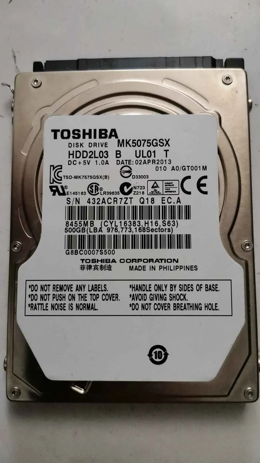 Toshiba MK5075GSX S/N 432ACR7ZTQ18