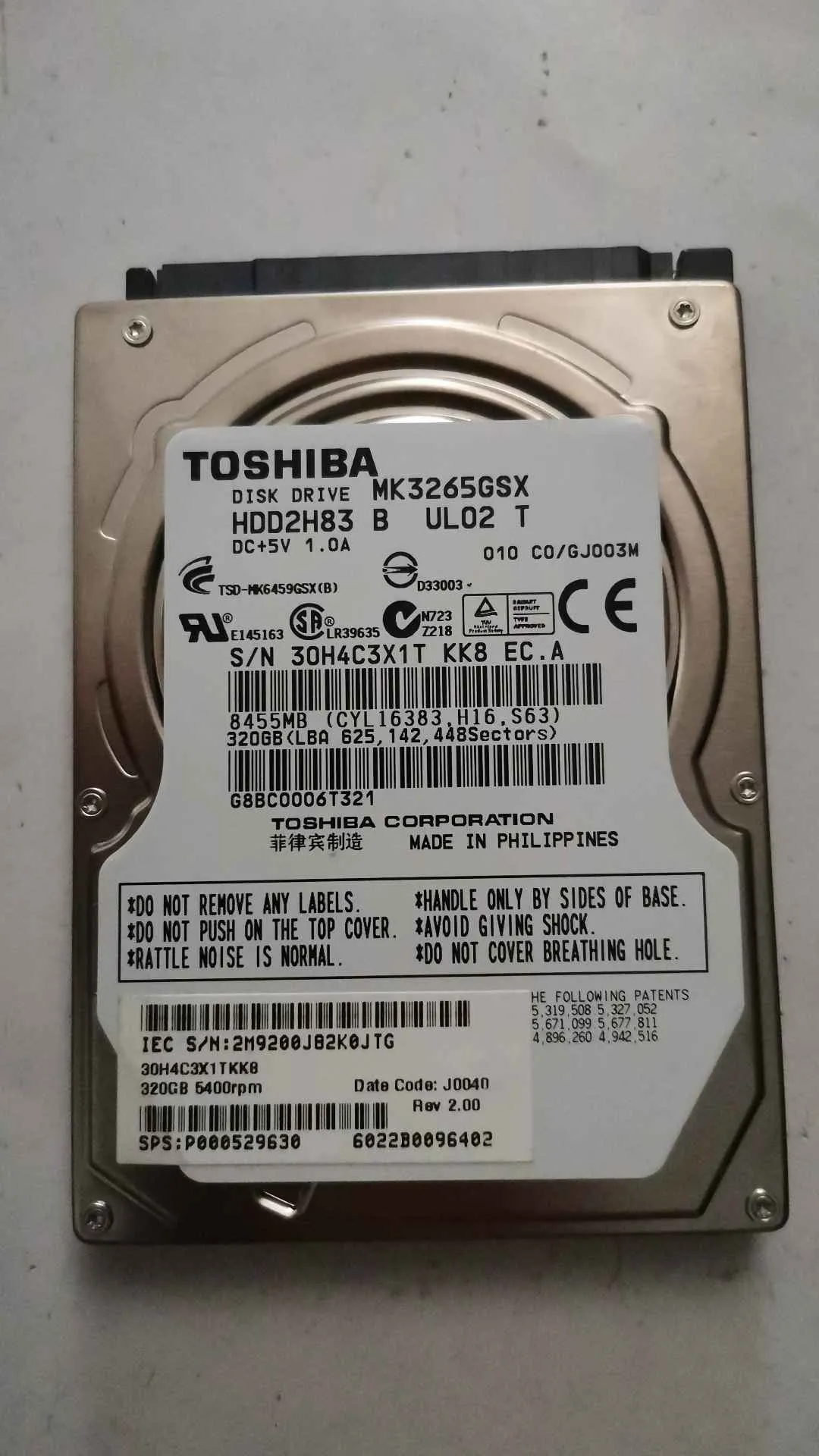 Toshiba MK3265GSX S/N 30H4C3X1TKK8