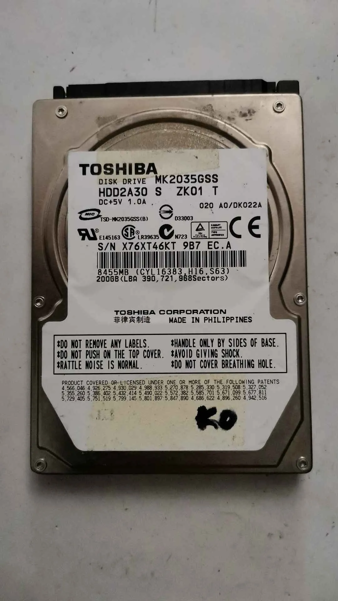 Toshiba MK2035GSS S/N X76XT46KT9B7