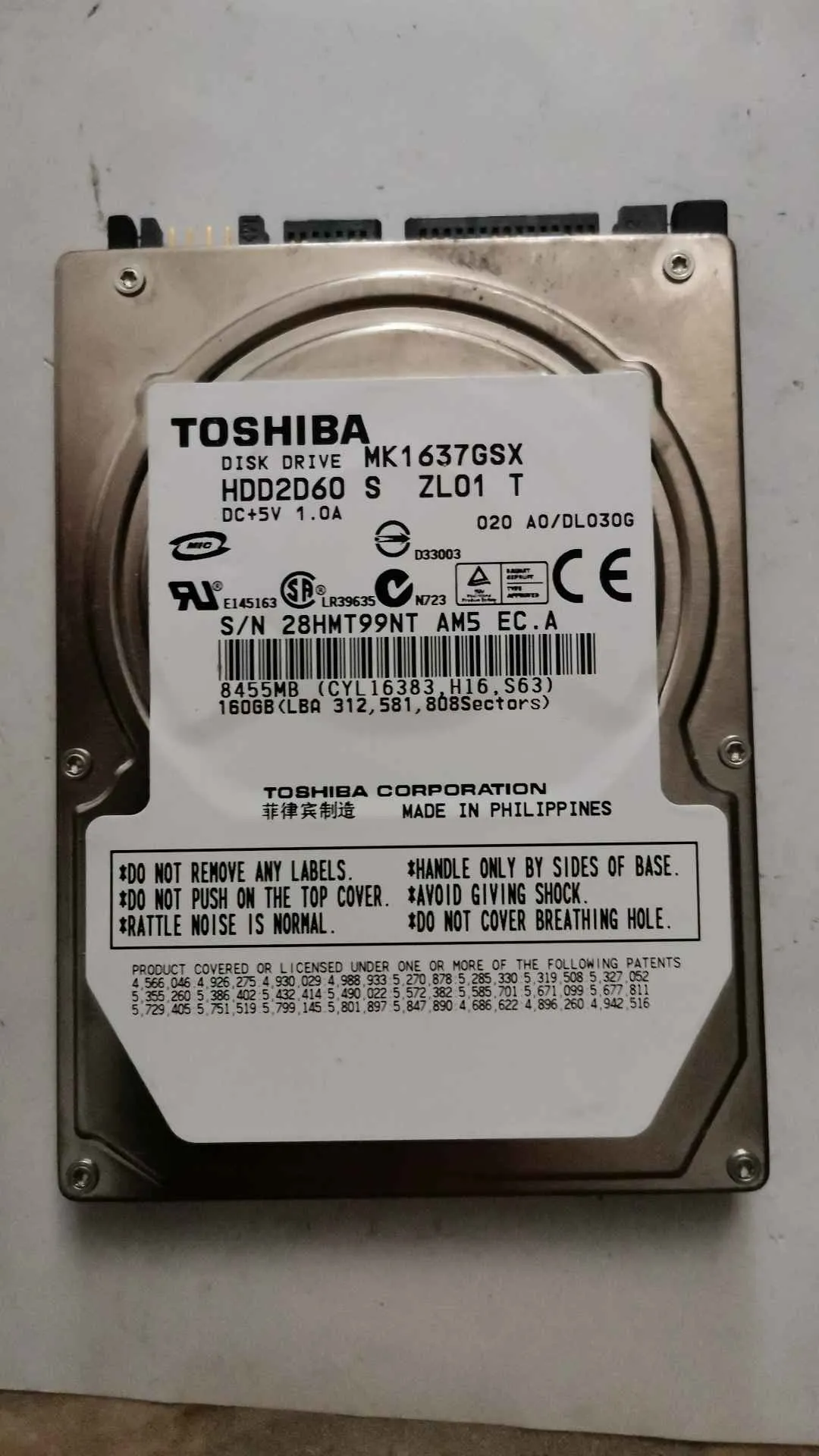 Toshiba MK1637GSX S/N 28HMT99NTAM5