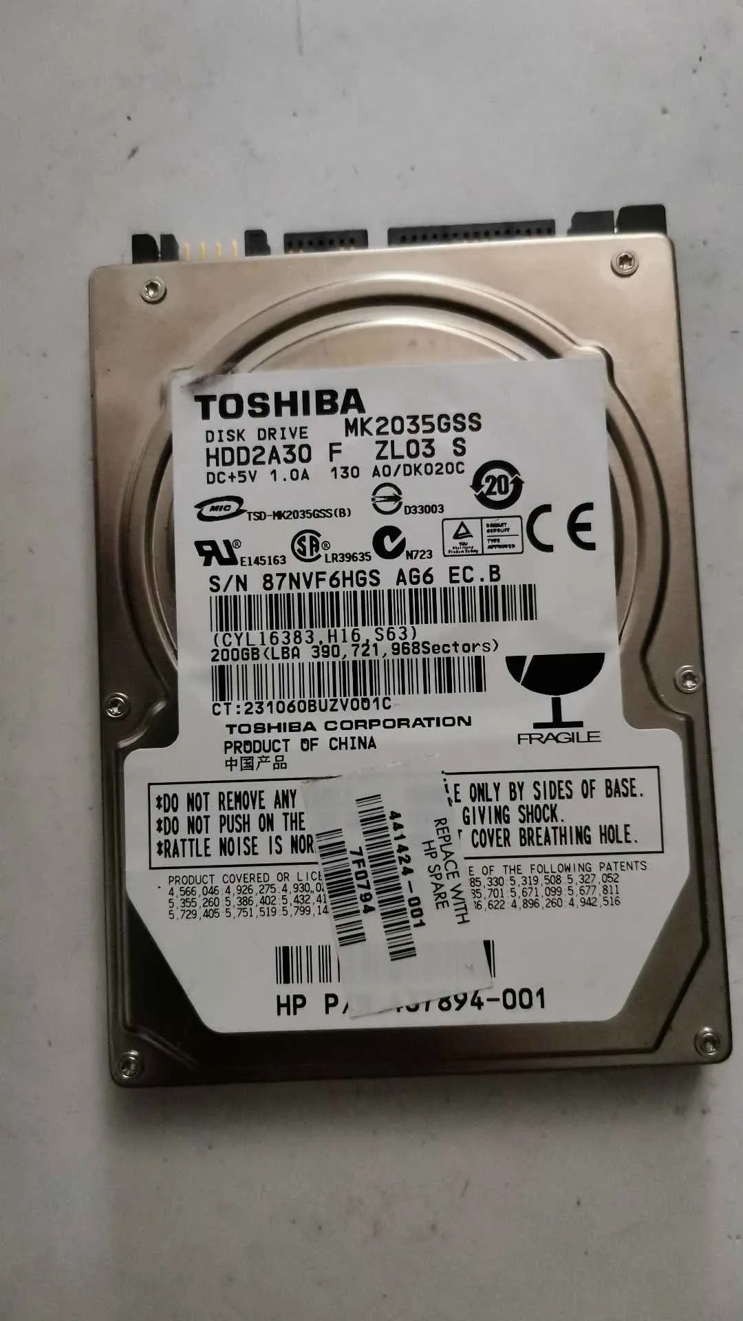 Toshiba MK2035GSS S/N 87NVF6HGSAG6