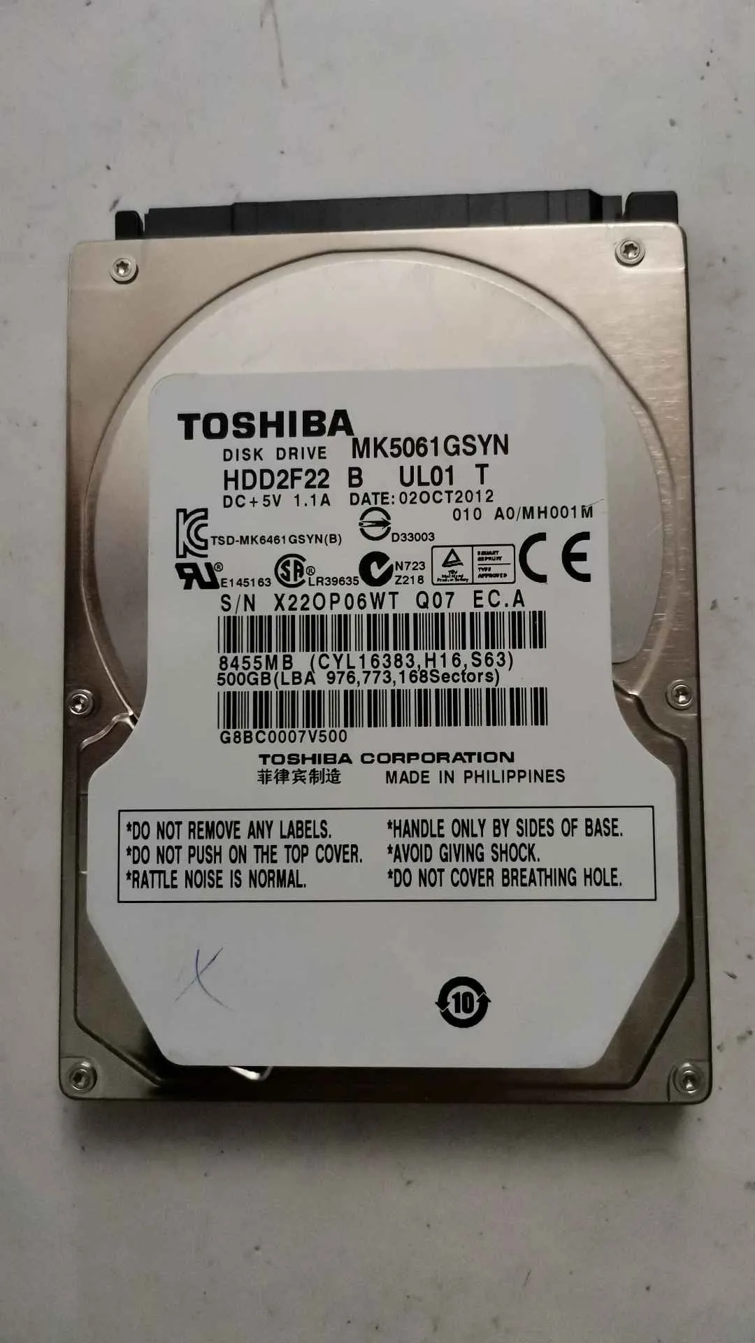 Toshiba MK5061GSYN S/N X22OP06WTQ07