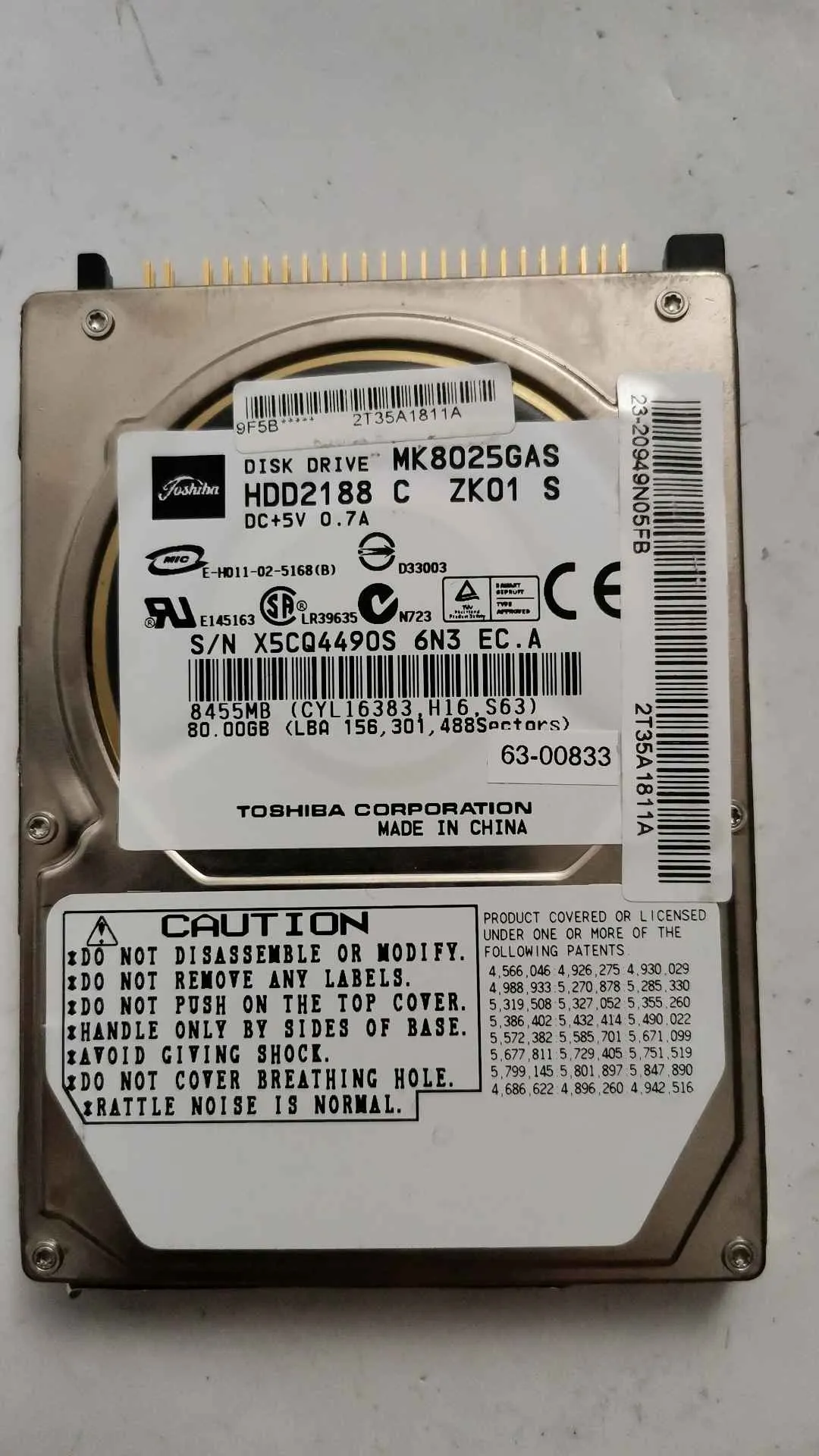 Toshiba MK8025GAS S/N X5CQ4490S6N3