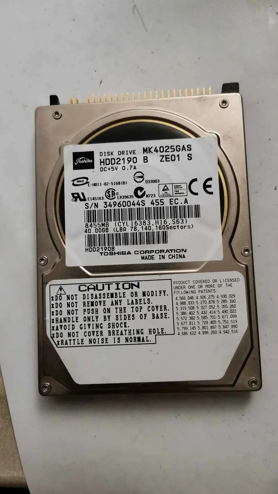 Toshiba MK4025GAS S/N 34960044S455