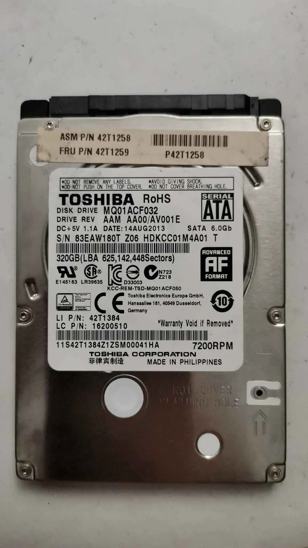 Toshiba MQ01ACF032 S/N 83EAW180TZ06
