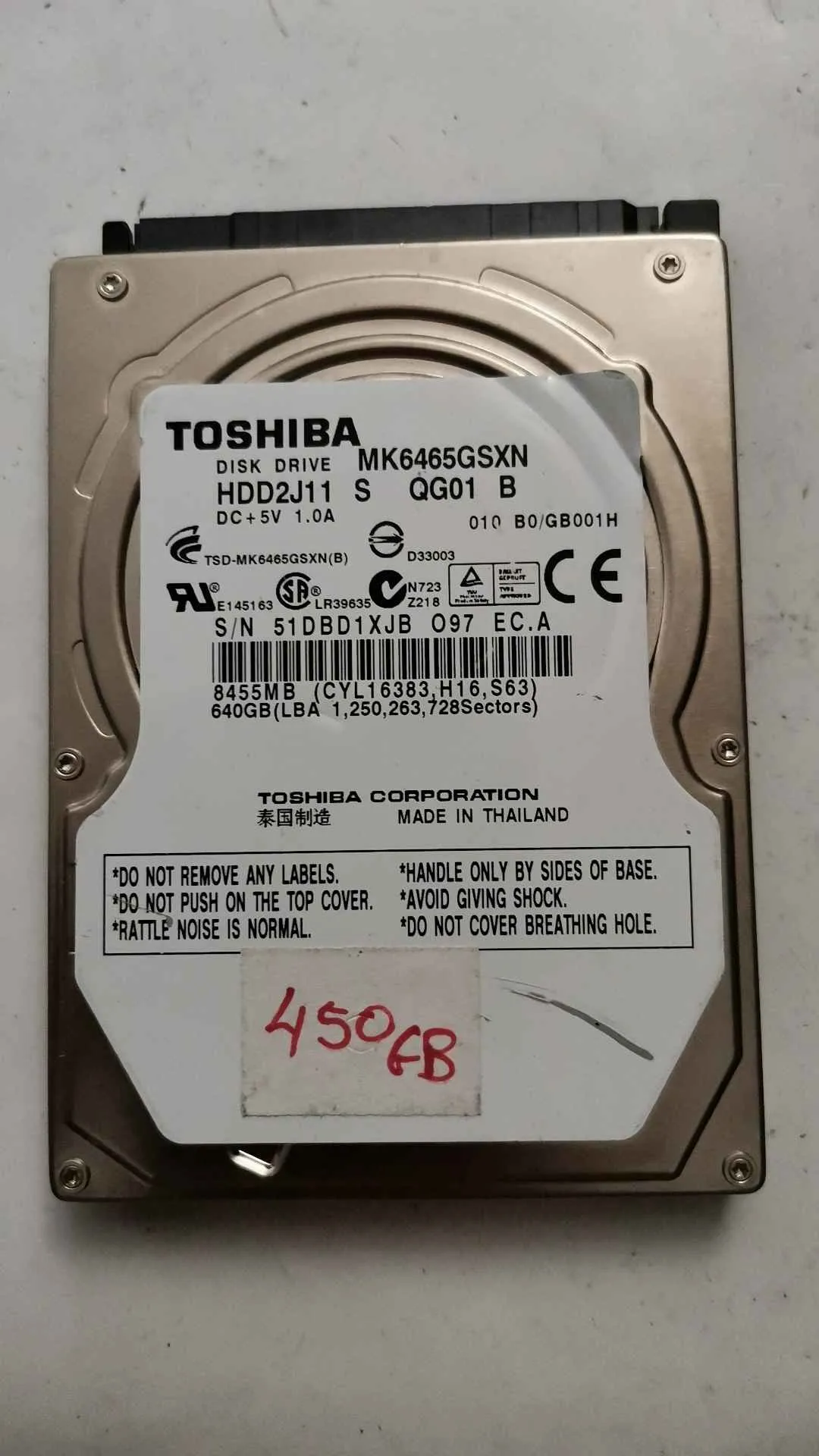 Toshiba MK6465GSXN S/N 51DBD1XJBO97