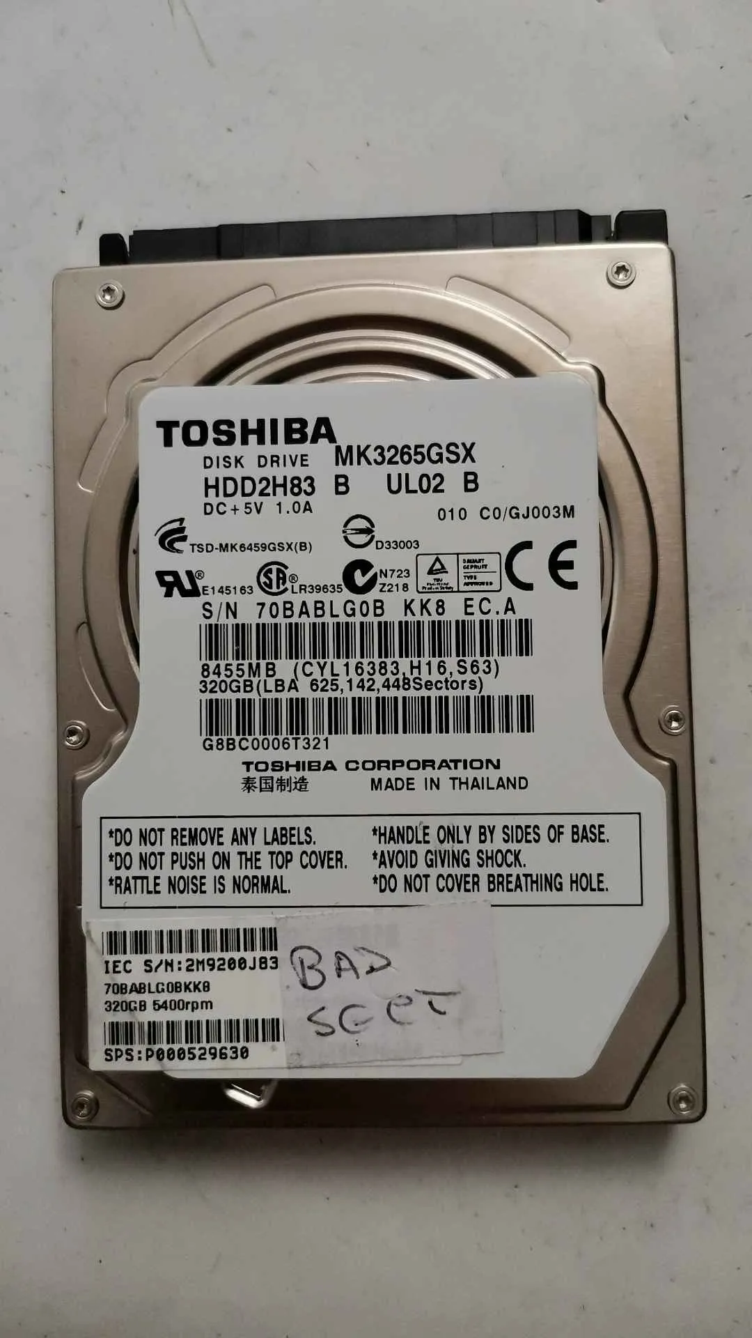 Toshiba MK3265GSX S/N 70BABLG0BKK8