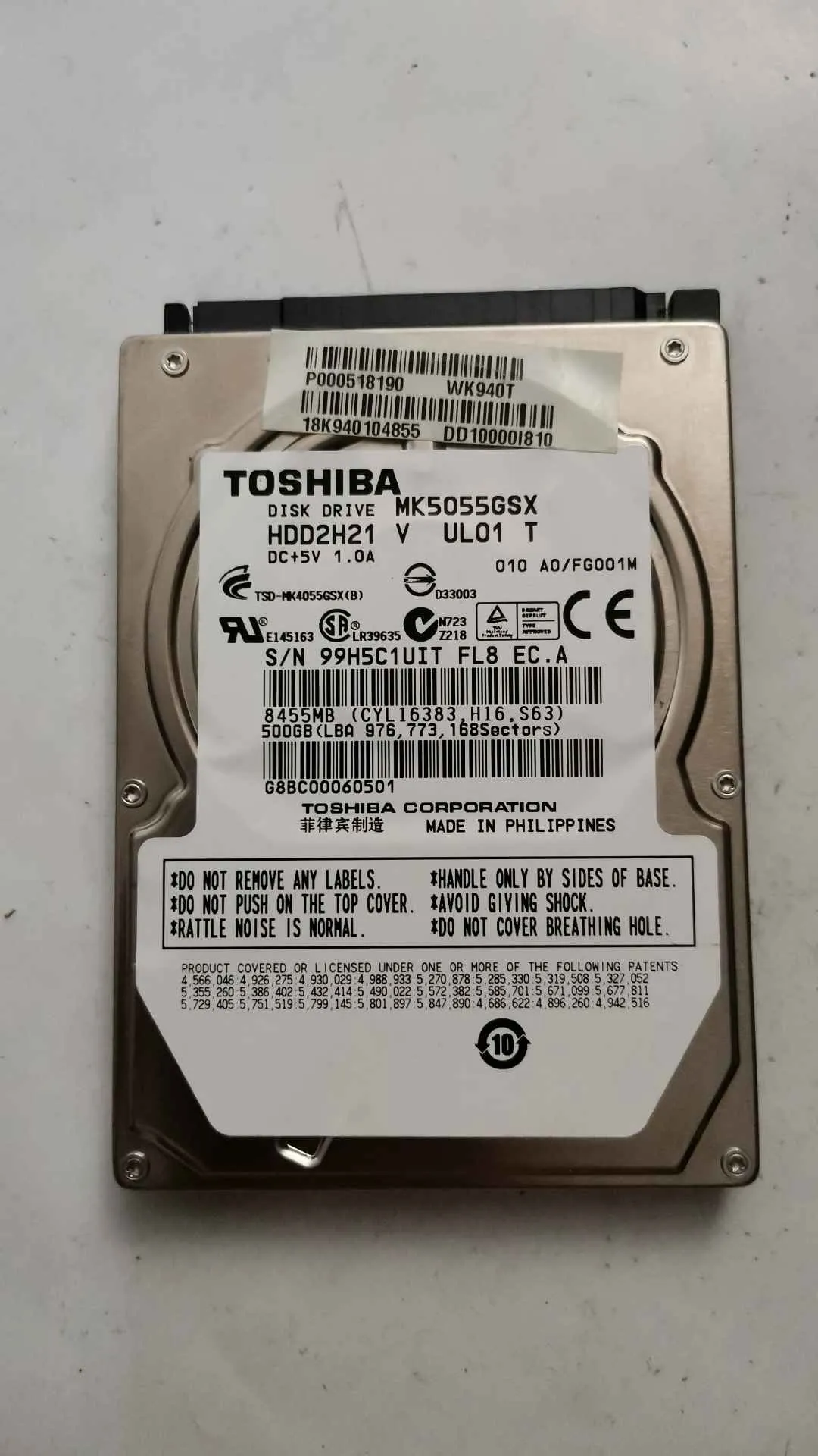 Toshiba MK5055GSX S/N 99H5C1UITFL8