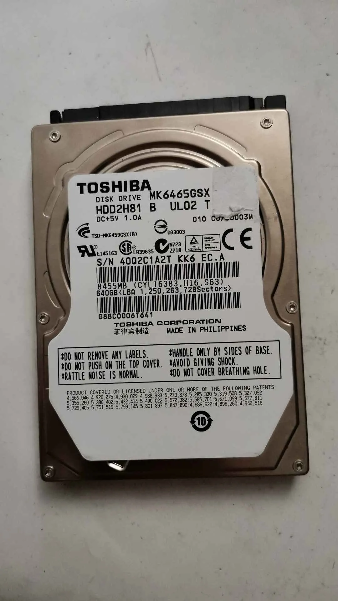 Toshiba MK6465GSX S/N 40Q2C1A2TKK6