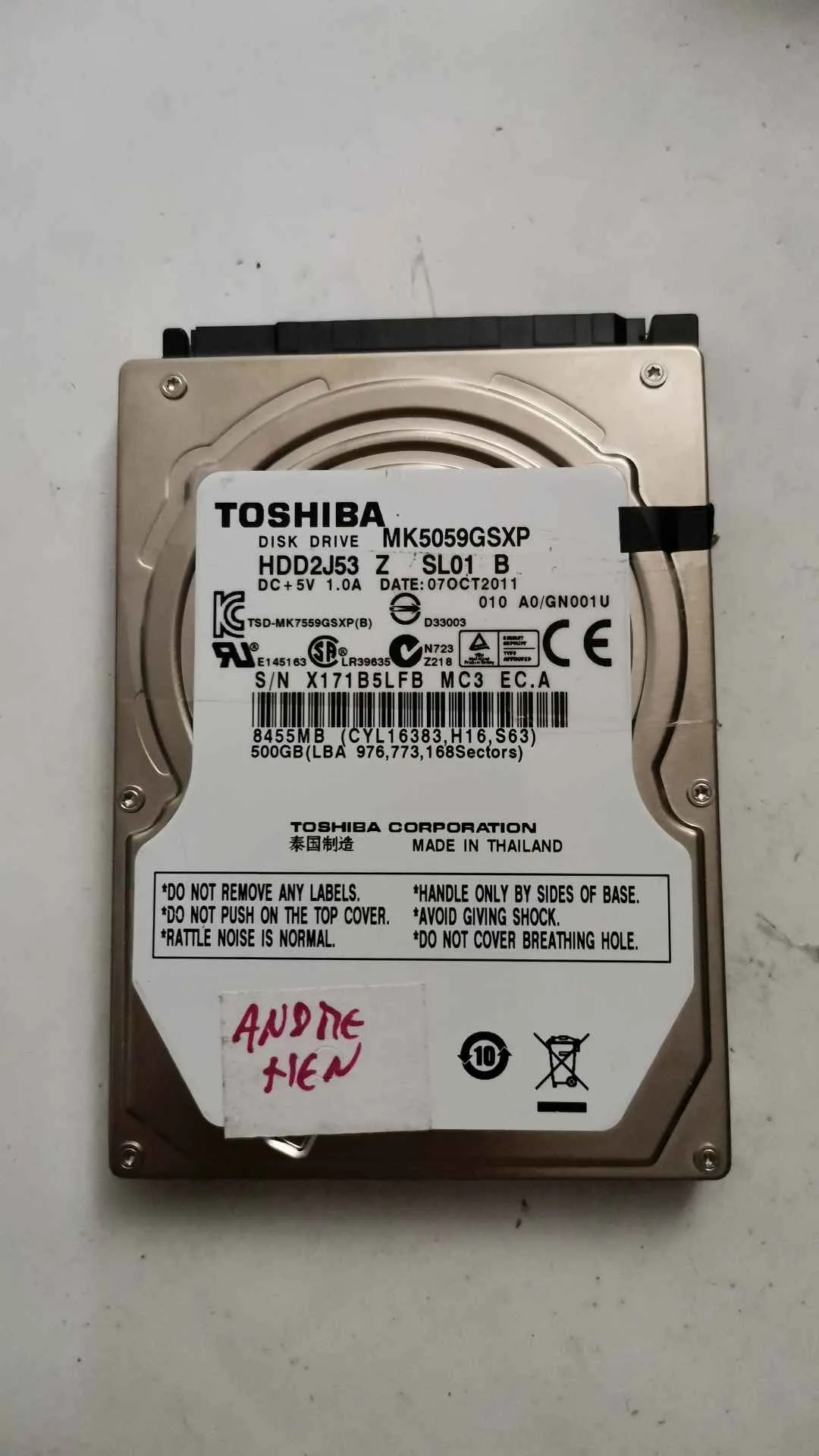 Toshiba MK5059GSXP S/N X171B5LFBMC3