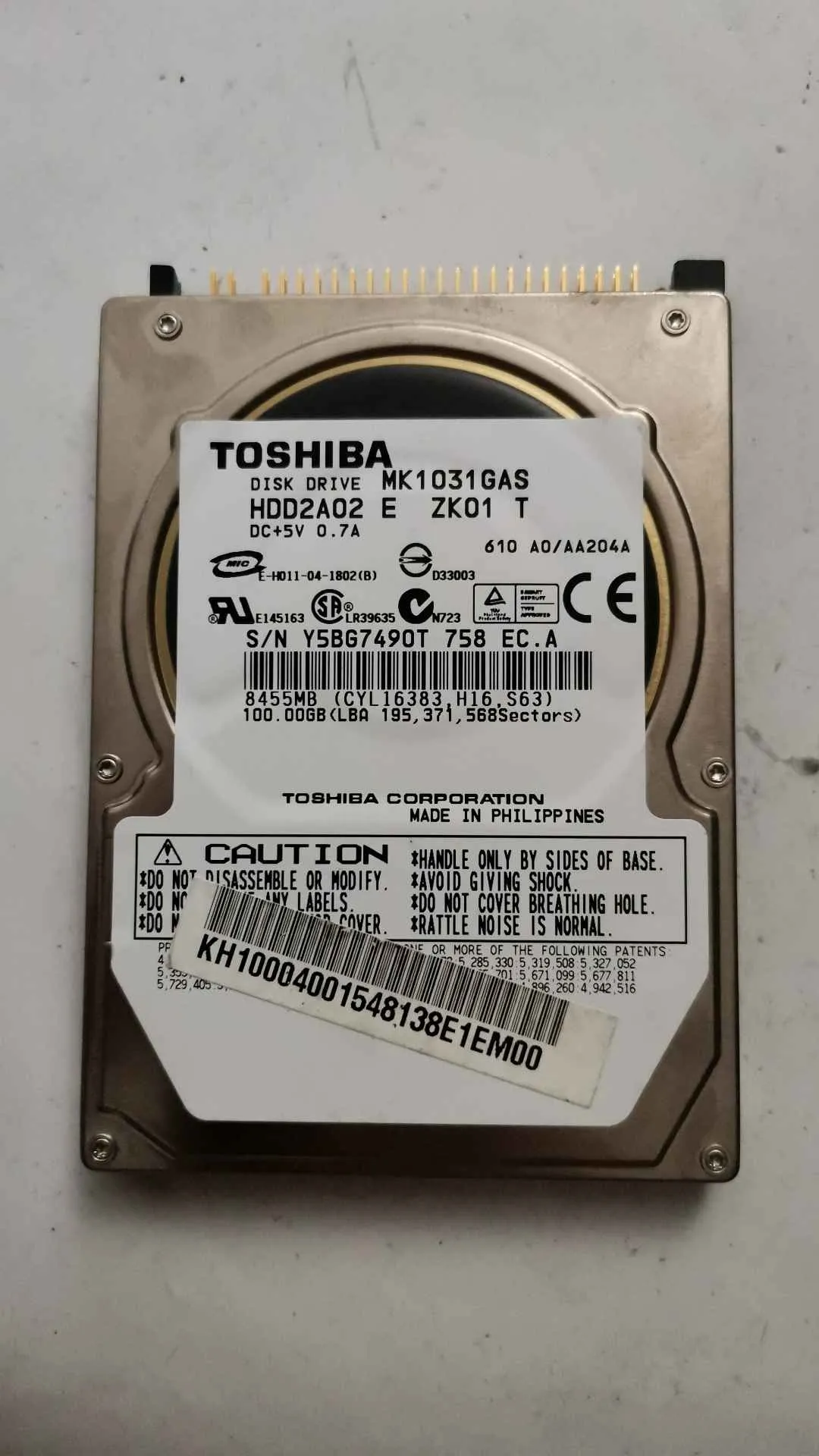 Toshiba MK1031GAS S/N Y5BG7490T758