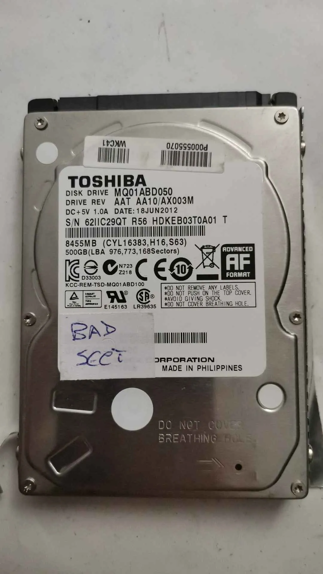 Toshiba MQ01ABD050 S/N 62IIC29QTR56