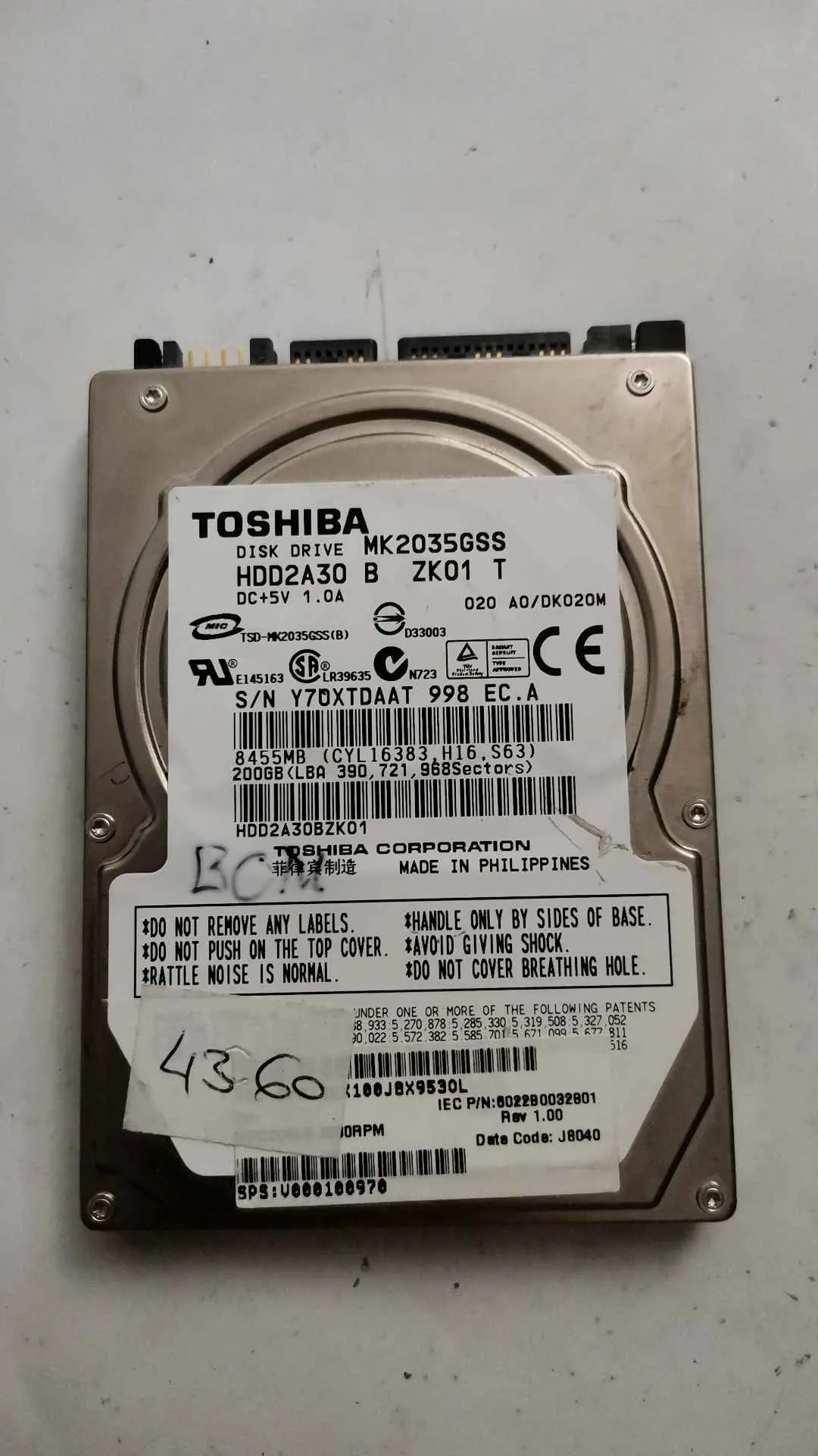 Toshiba MK2035GSS S/N Y7OXTDAAT998