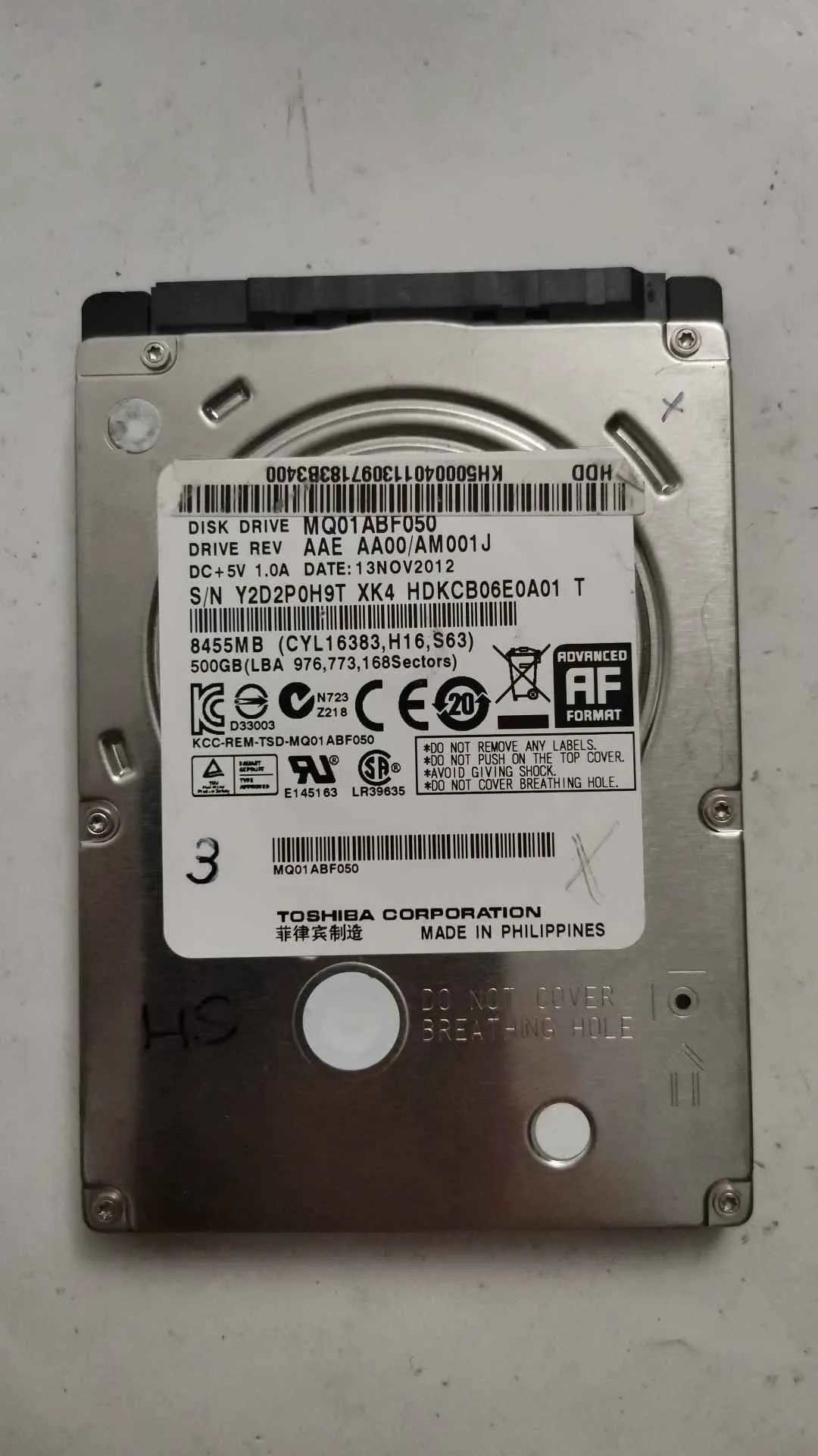 Toshiba MQ01ABF050 S/N Y2D2P0H9TXK4