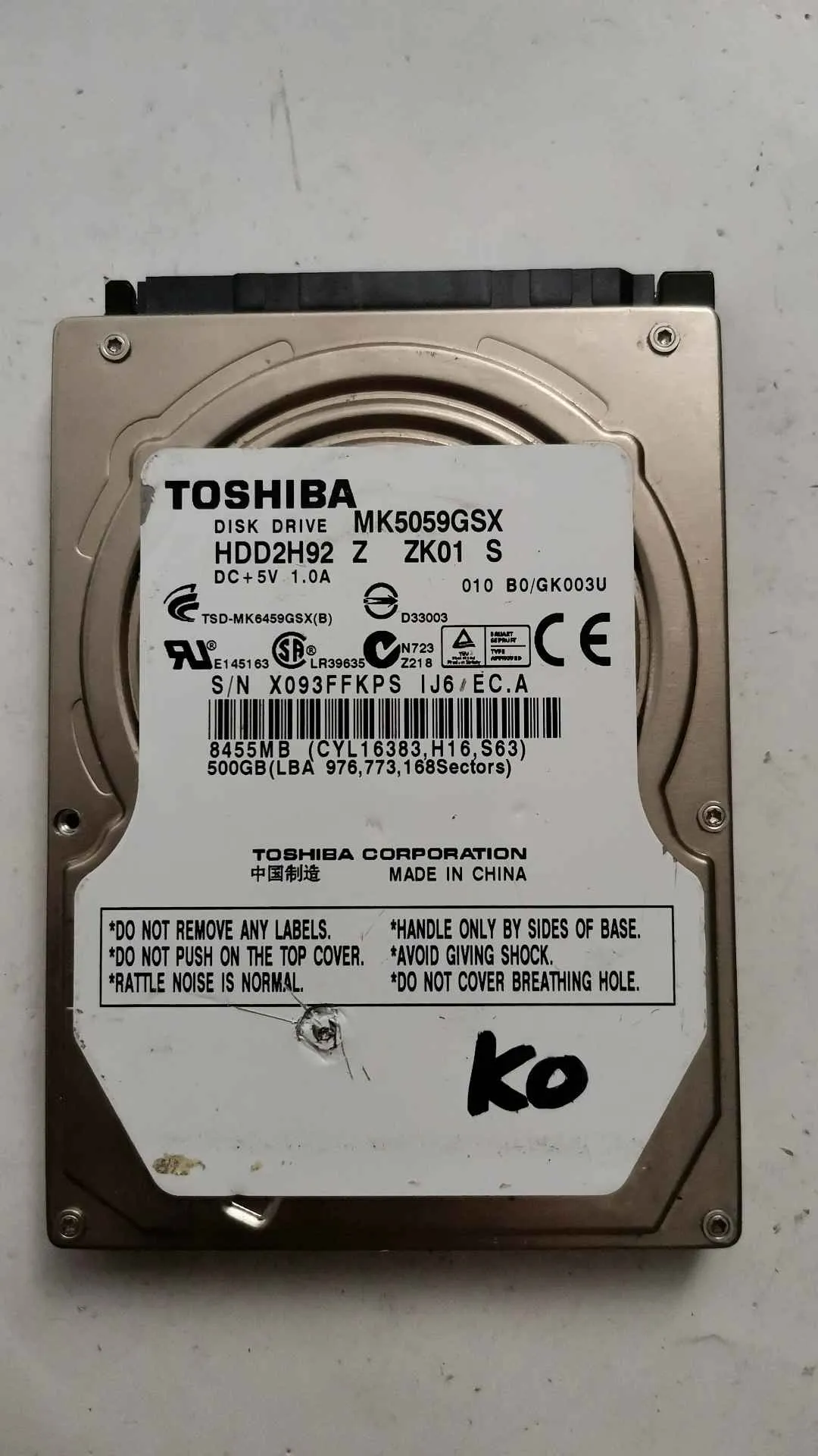Toshiba MK5059GSX S/N X093FFKPSIJ6