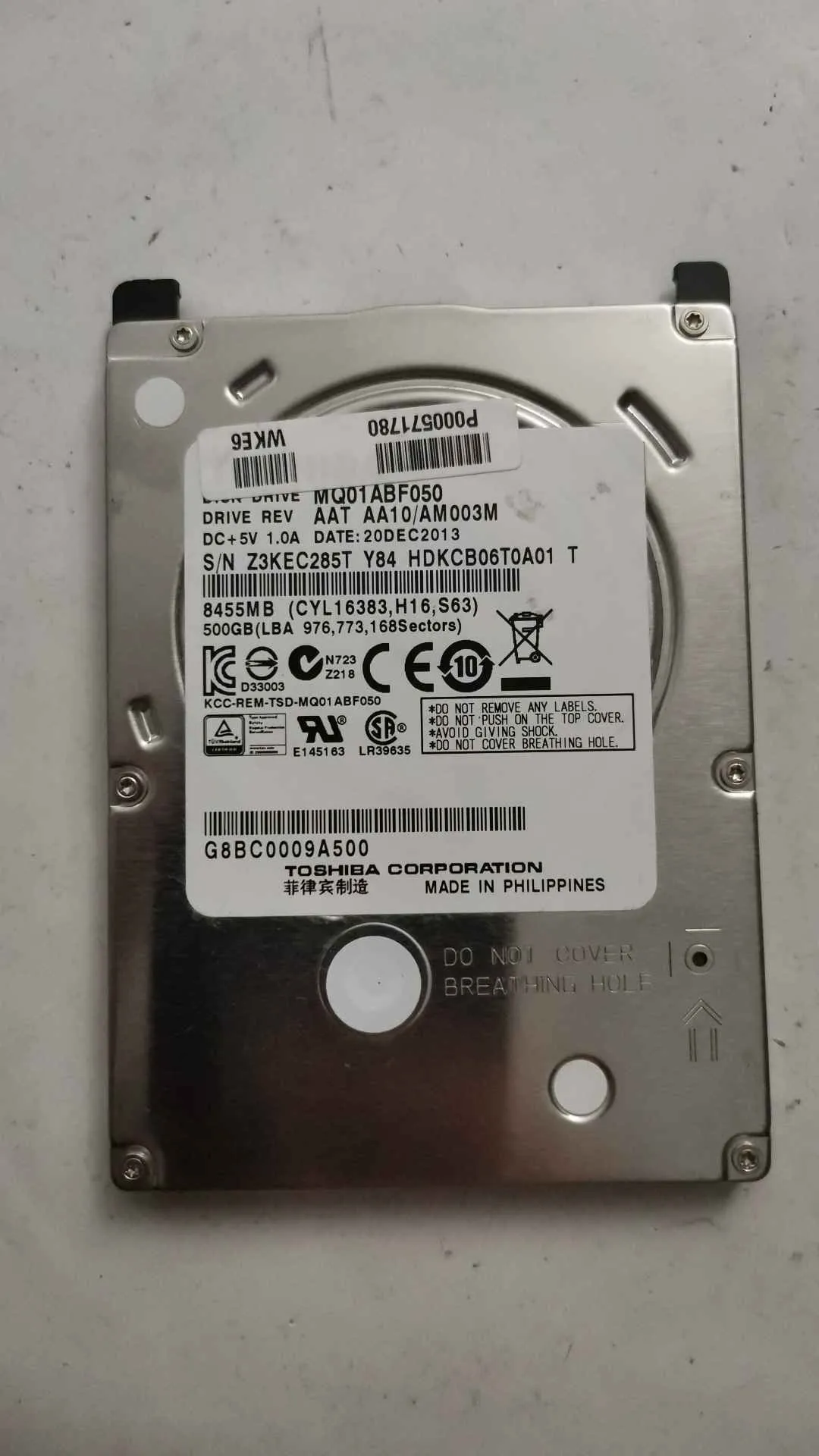 Toshiba MQ01ABF050 S/N Z3KEC285TY84