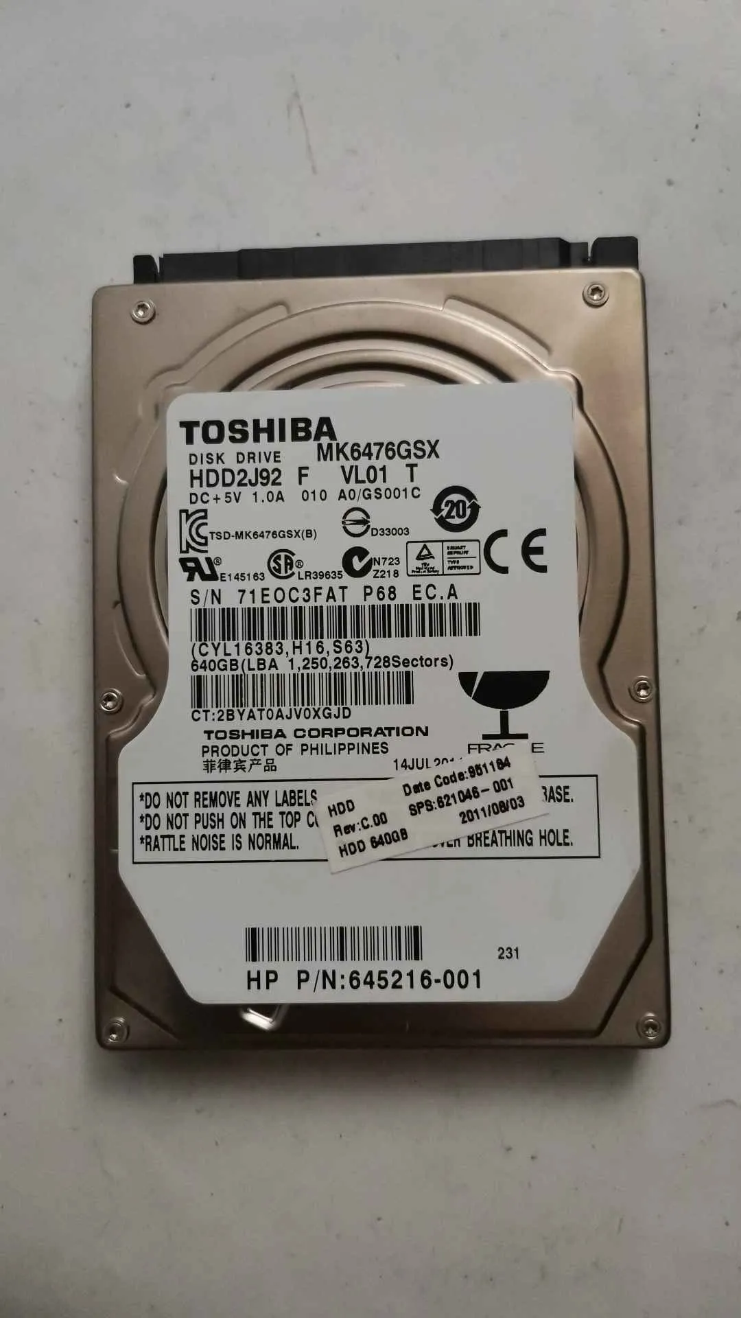 Toshiba MK6476GSX S/N 71EOC3FATP68