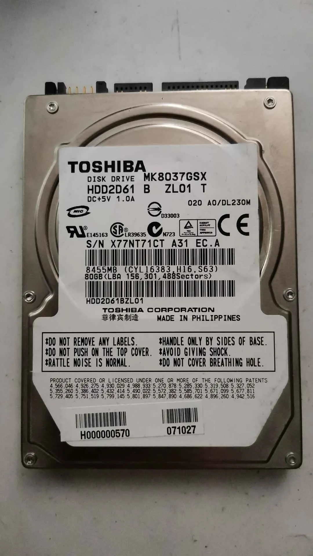 Toshiba MK8037GSX S/N X77NT71CTA31