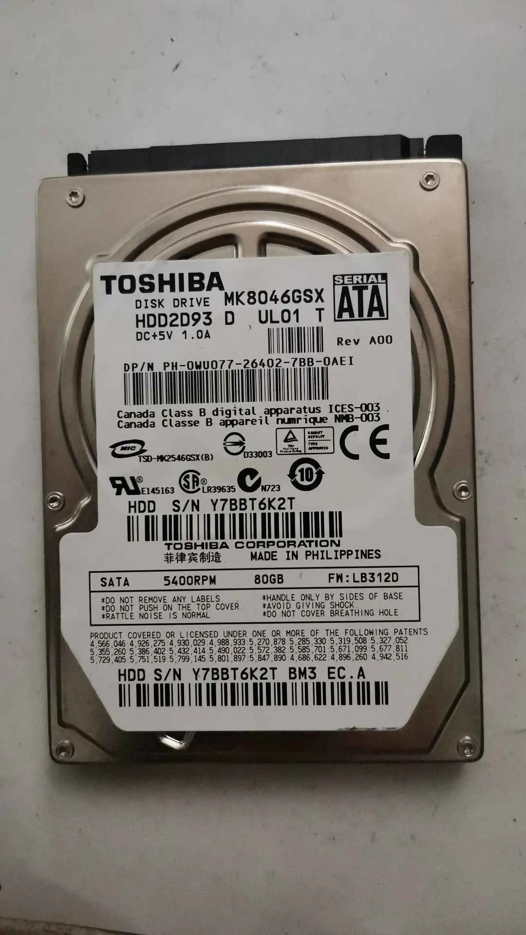 Toshiba MK8046GSX S/N Y7BBT6K2T