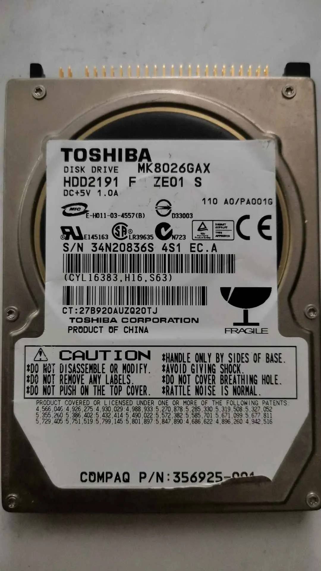 Toshiba MK8026GAX S/N 34N20836S4S1