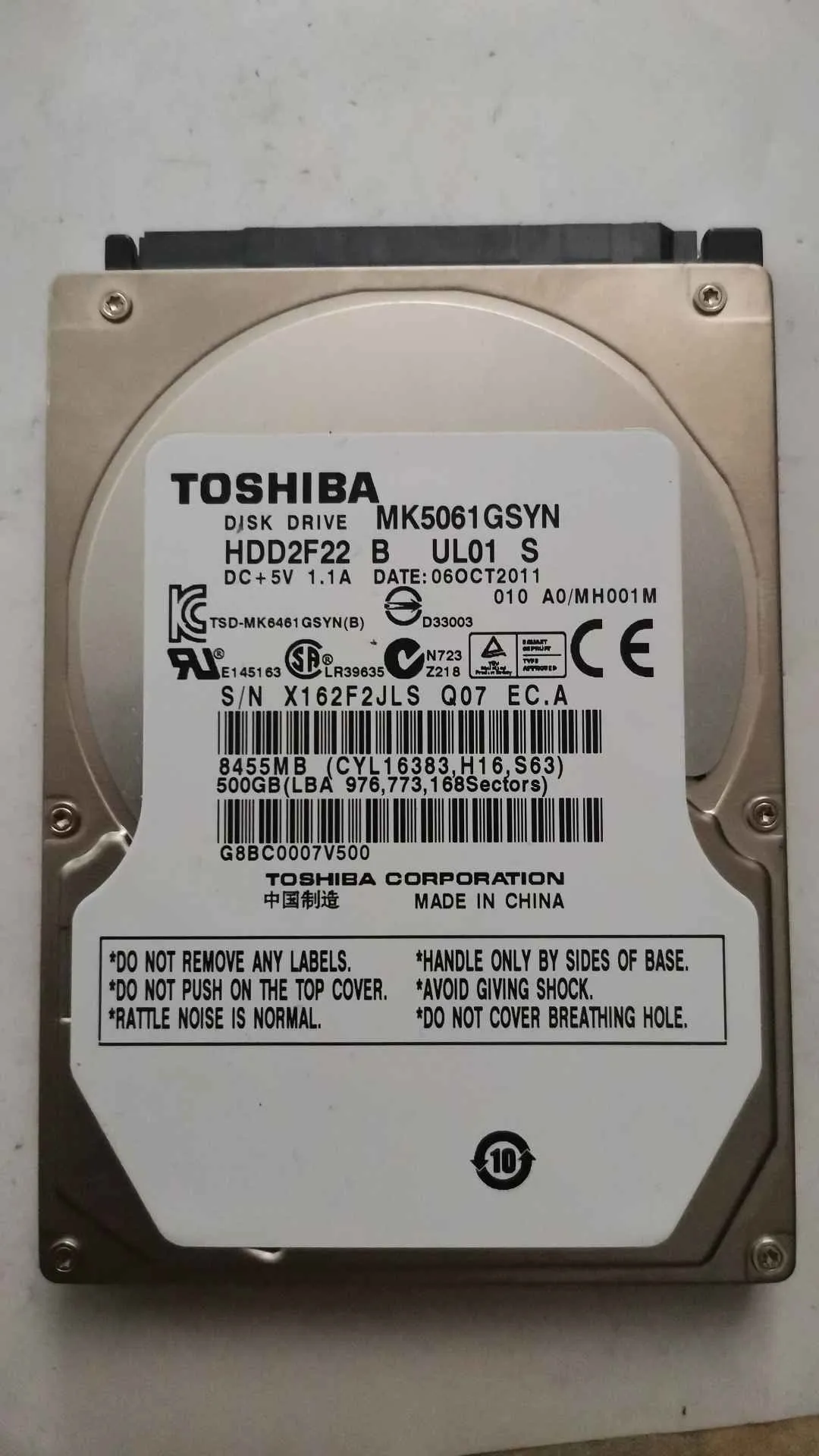 Toshiba MK5061GSYS S/N X162F2JLSQ07