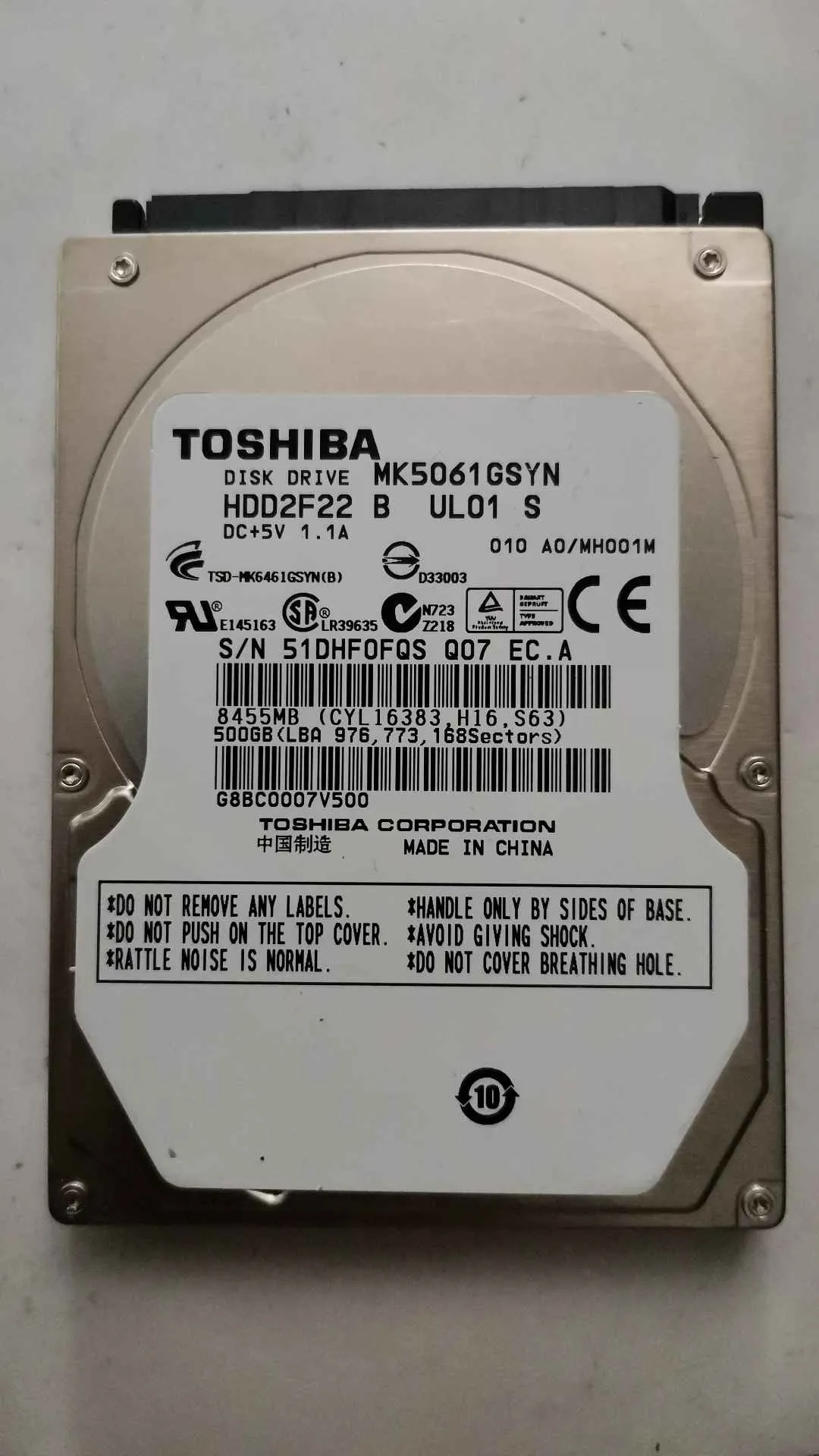 Toshiba MK5061GSYN S/N 51DHF0FQSQ07