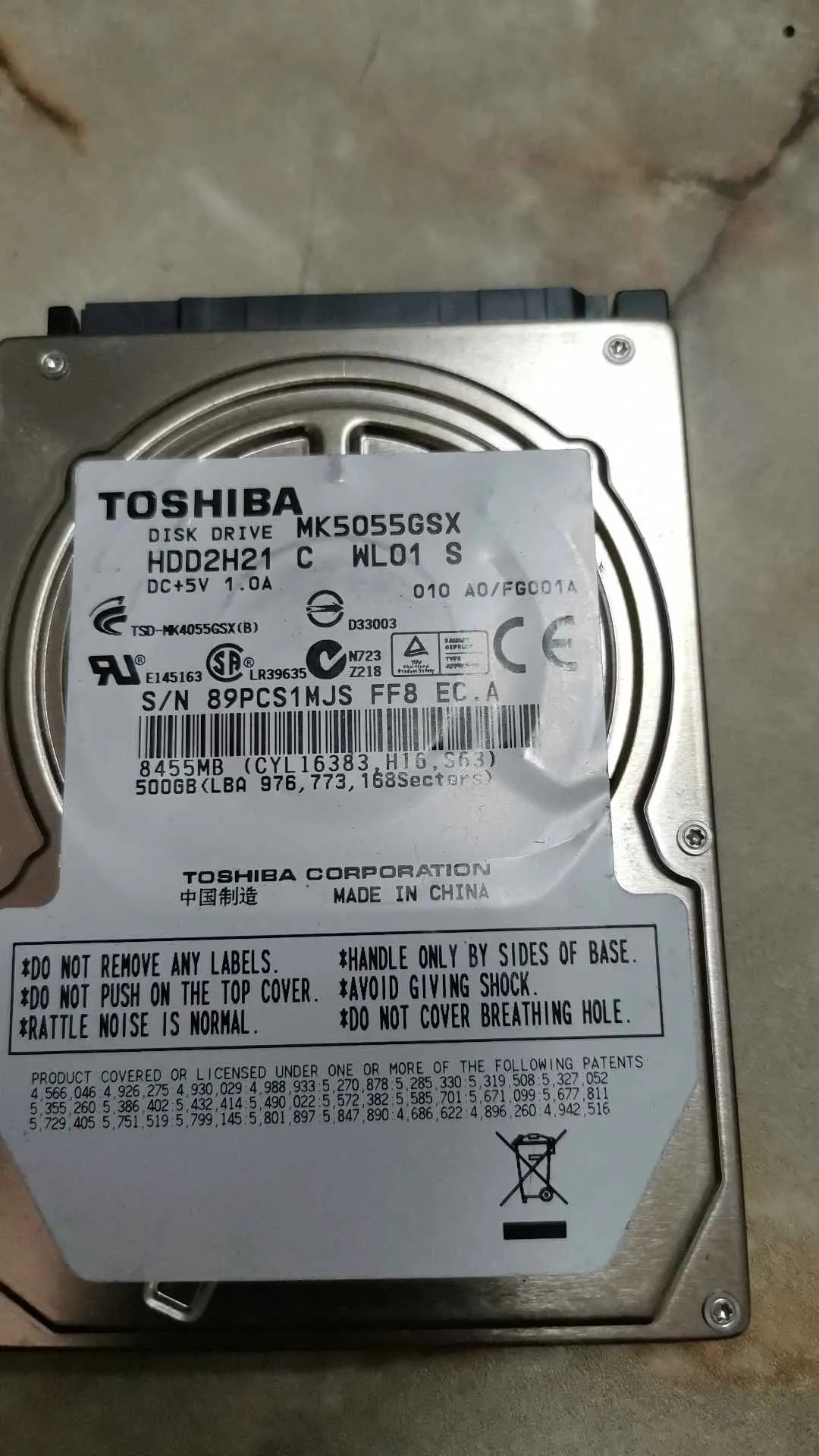 Toshiba MK5055GSX S/N 89PCS1MJSFF8
