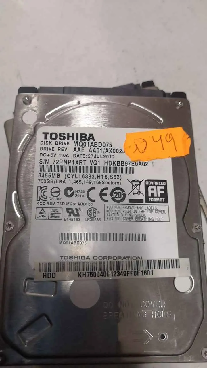 Toshiba MQ01ABDO75 S/N 72RNP1XRTVQ1