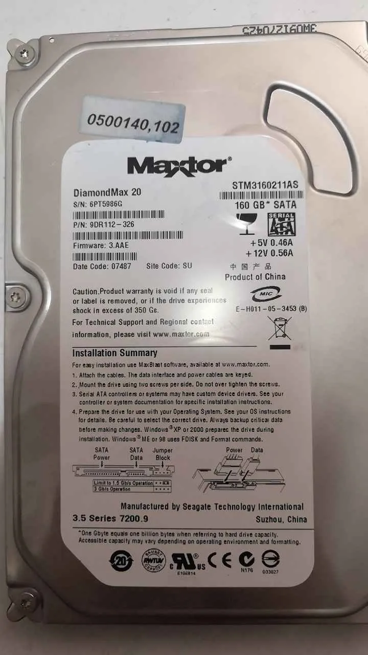 Fotografia dador Maxtor STM3160211AS SN 6PT5986G