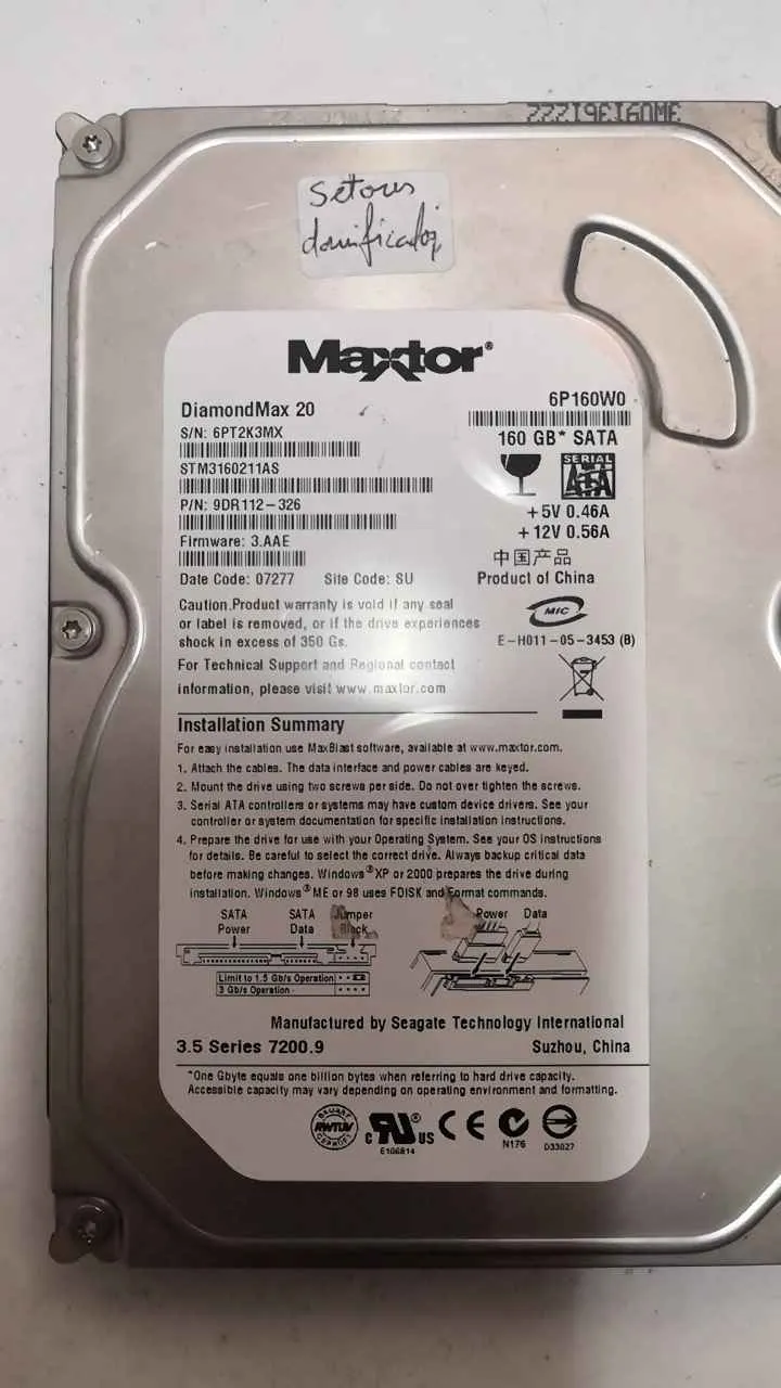 Fotografia dador Maxtor STM3160211AS SN 6PT2K3MX