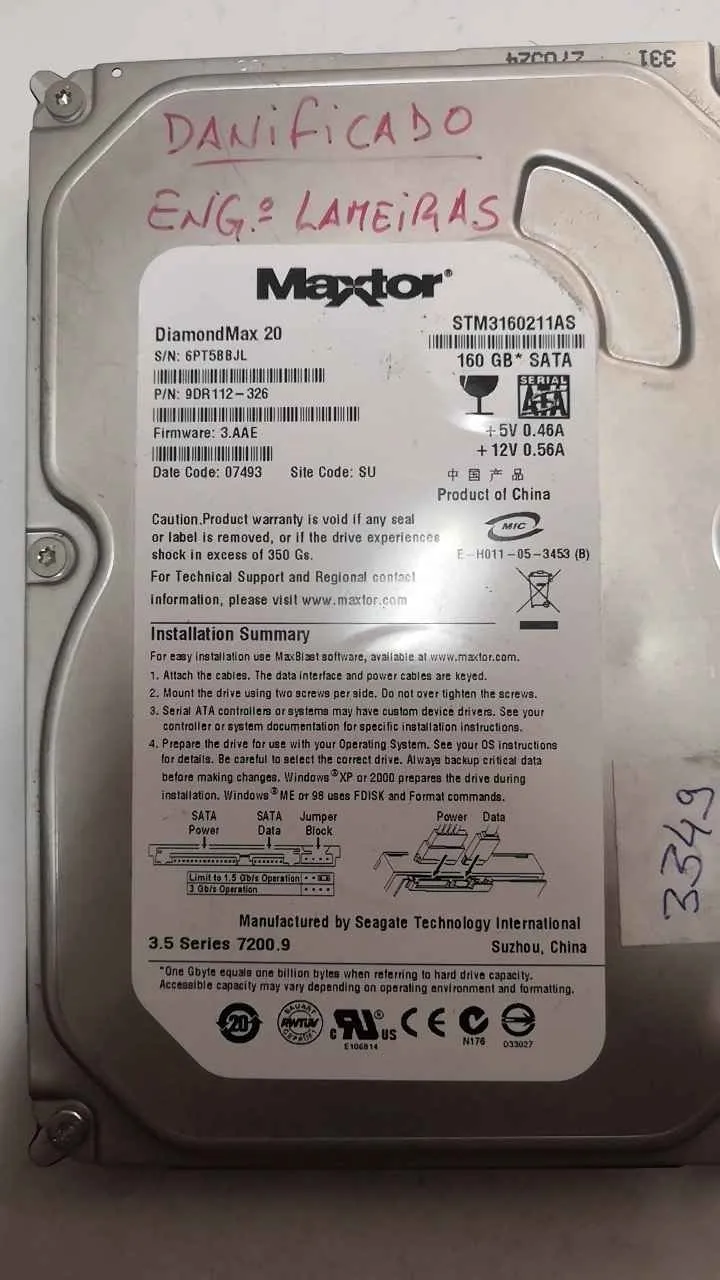 Fotografia dador Maxtor STM3160211AS SN 6PT5BBJL