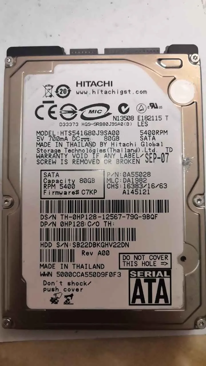 Hitachi HTS541680J9SA00 S/N SB22DBKGHV22DN
