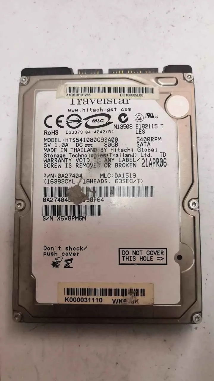 Hitachi HTS541080G9SAD0 S/N X6V8PM6M