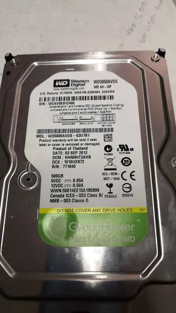 Western Digital WD5000AVDS-63U7B1 S/N WCAV9X812406