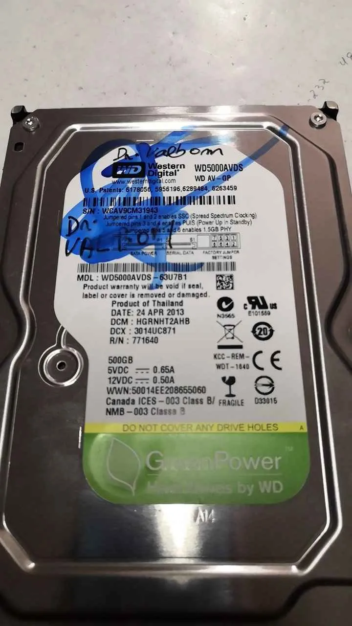 Western Digital WD5000AVDS-63U7B1 S/N WCAV9CM31943