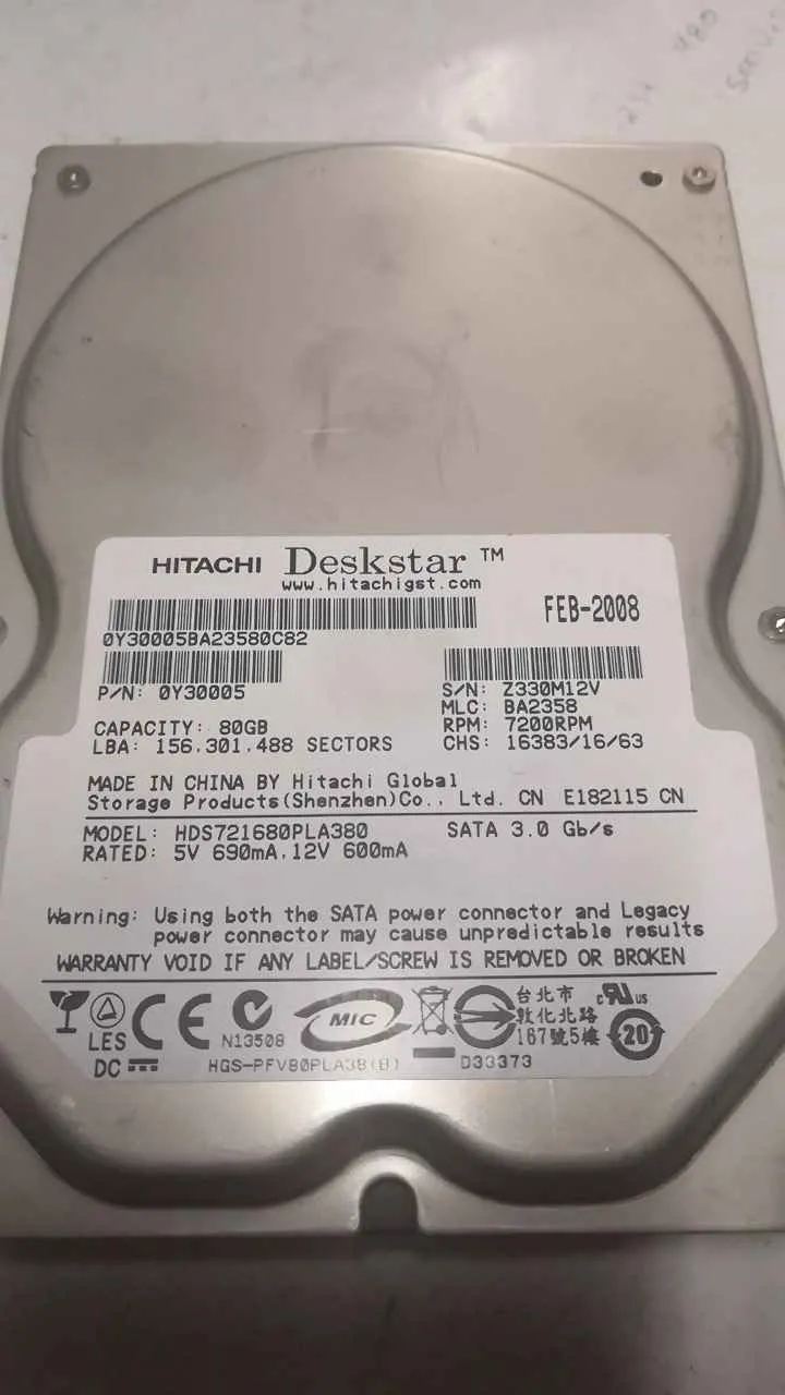 Hitachi HDS721680PLA380 S/N Z330M12V
