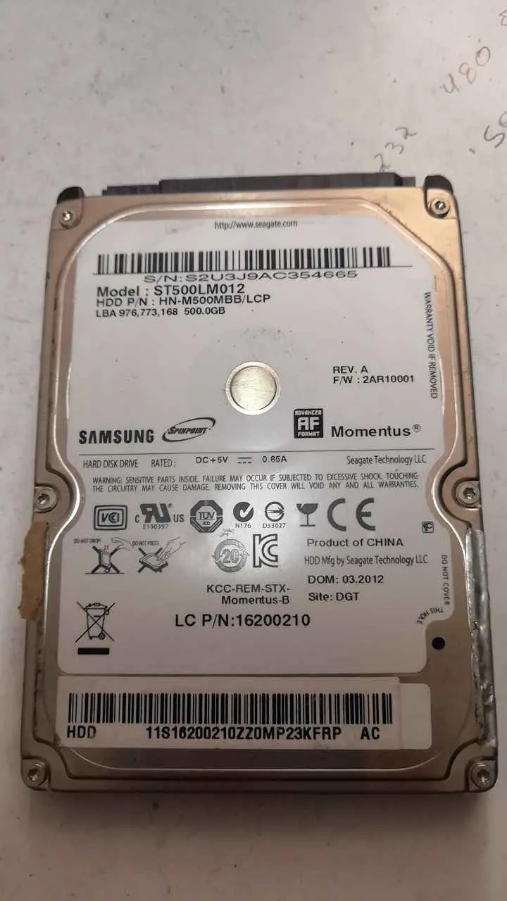 Seagate ST500LM012 S/N S2U3J9AC354665