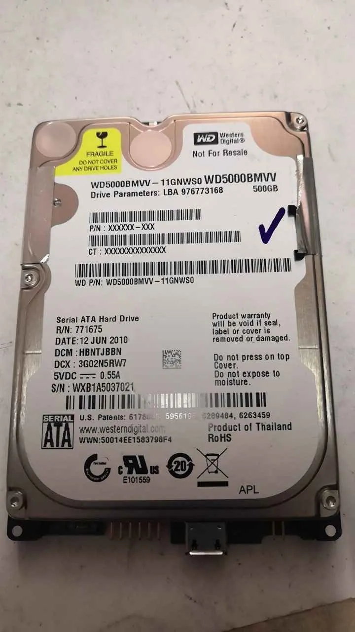 Western Digital WD500BMVV-11GNWS0 S/N WXB1A5037021