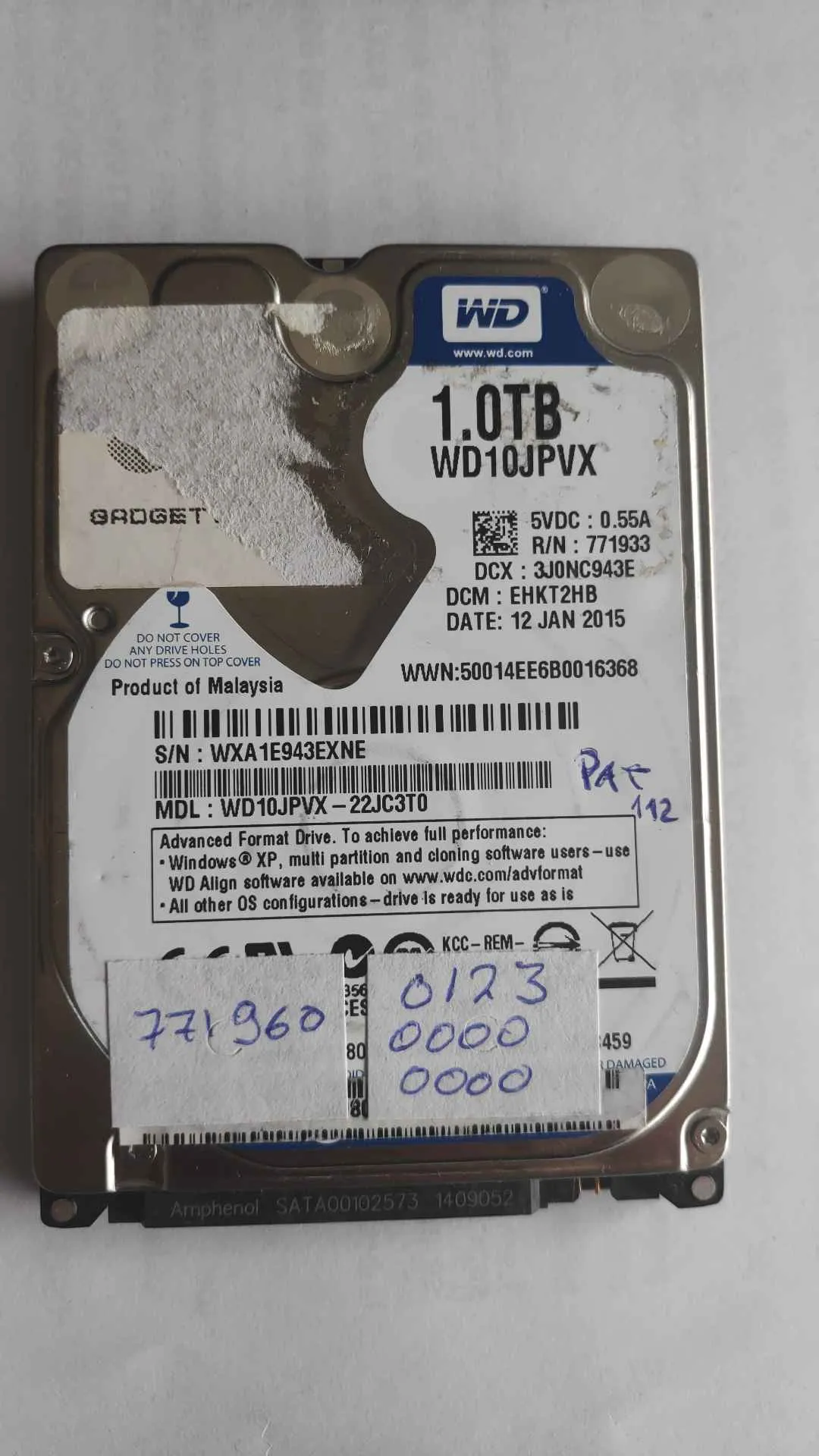 Western Digital WD10JPVX-22JC3T0 S/N WXA1E943EXNE