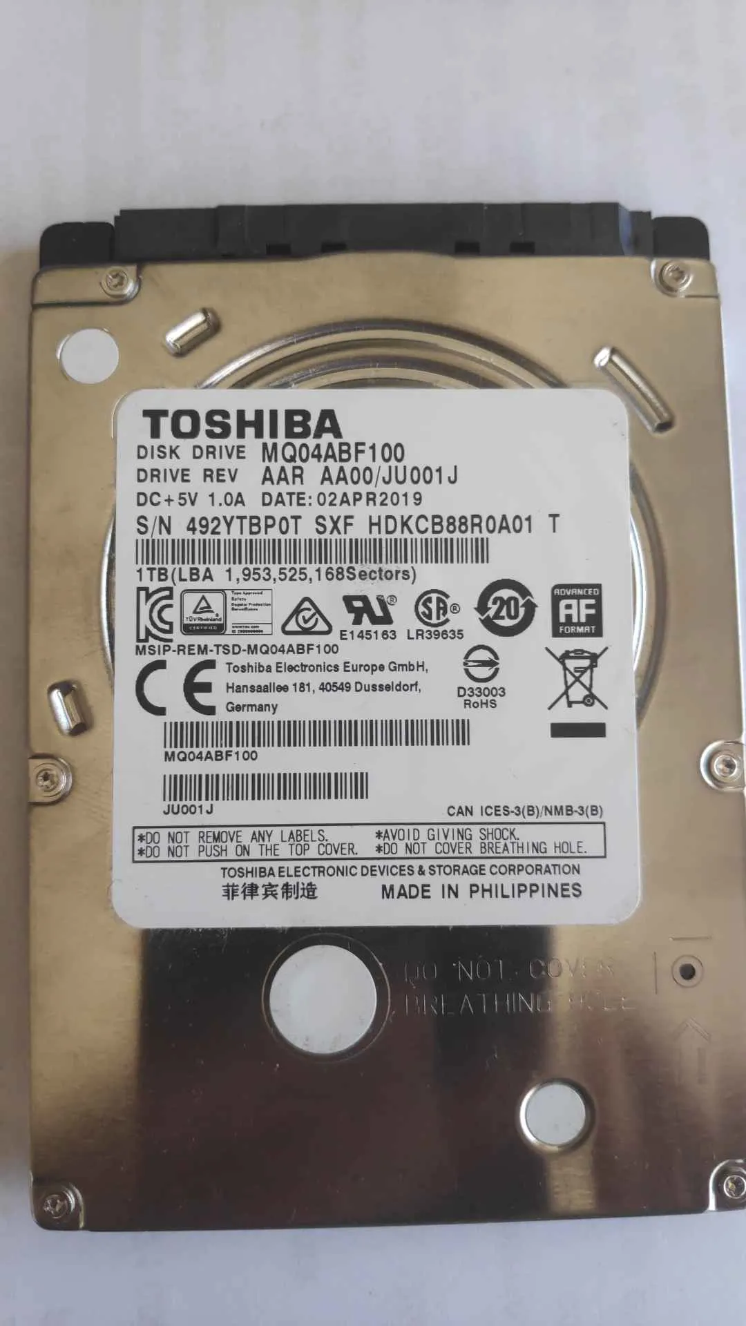 Toshiba MQ04ABF100 S/N 492YTBP0TSXF