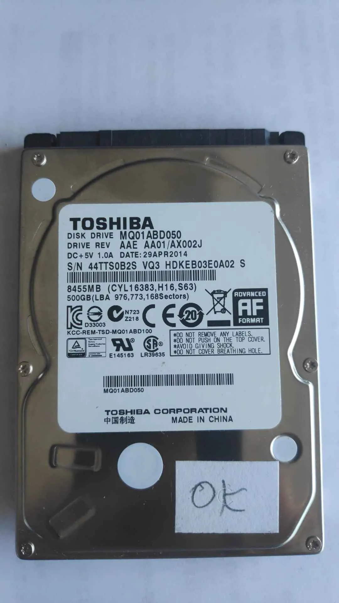 Toshiba MQ01ABD050 S/N 44TTS0B2SVQ3