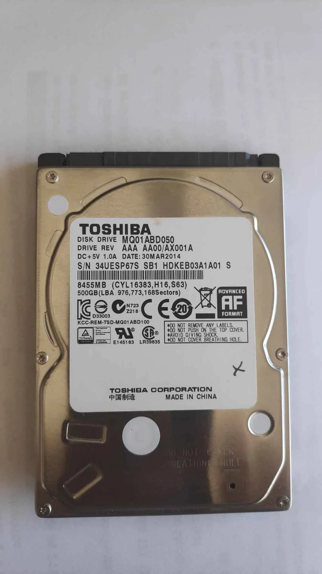 Toshiba MQ01ABD050 S/N 34UESP67SSB1