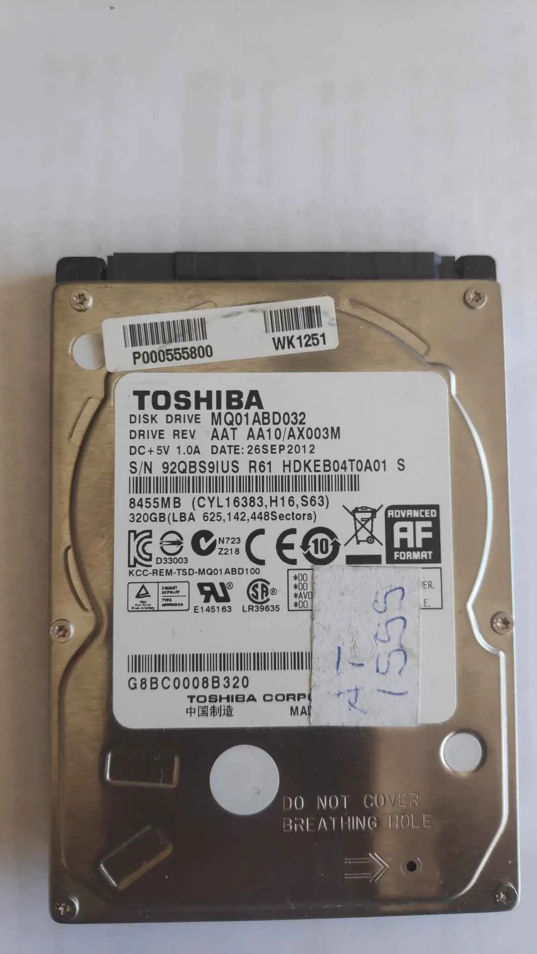 Toshiba MQ01ABD032 S/N 92QBS9IUSR61