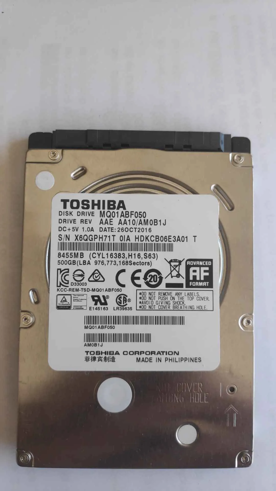 Toshiba MQ01ABF050 S/N X6QGPH71T0IA