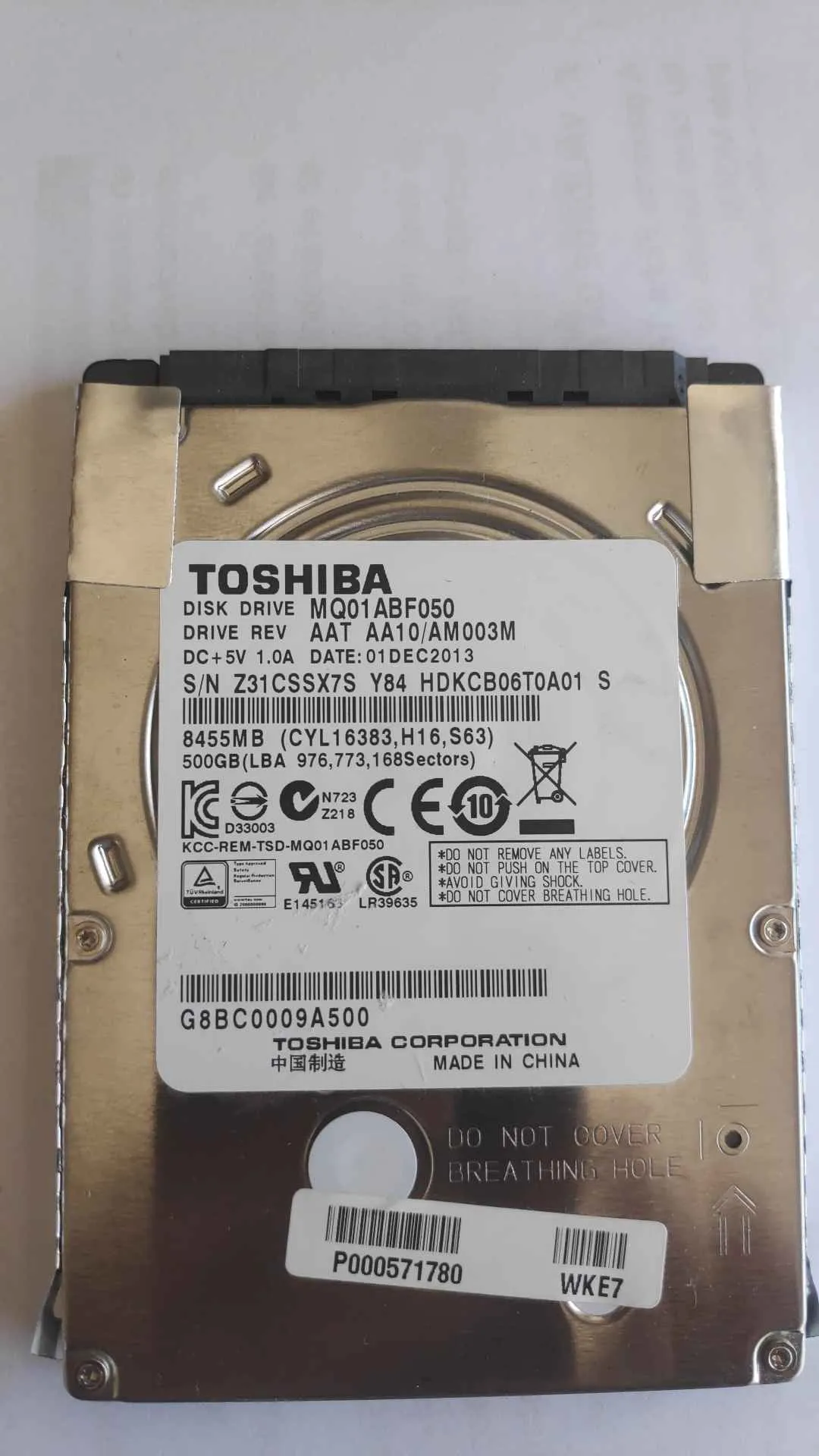 Toshiba MQ01ABF050 S/N Z31CSSX7SY84