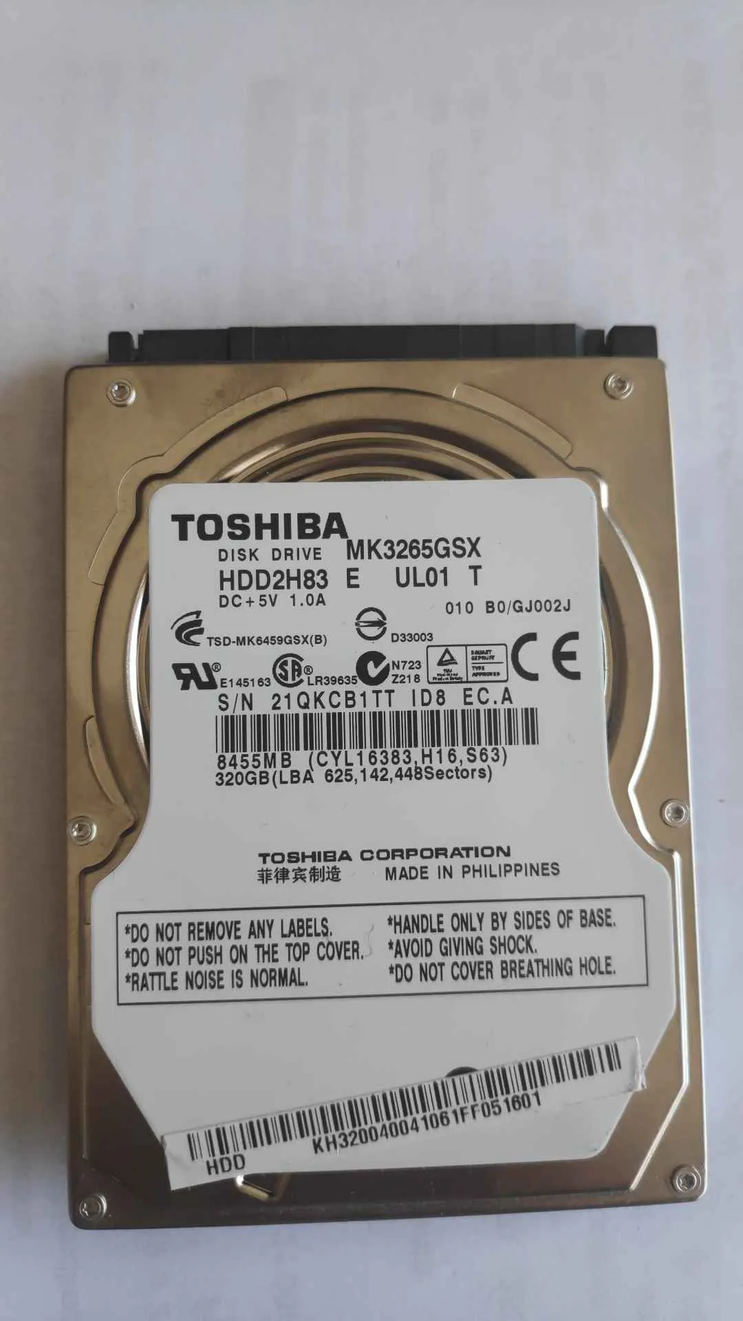 Toshiba MK3265GSX S/N 21QKCB1TTID8