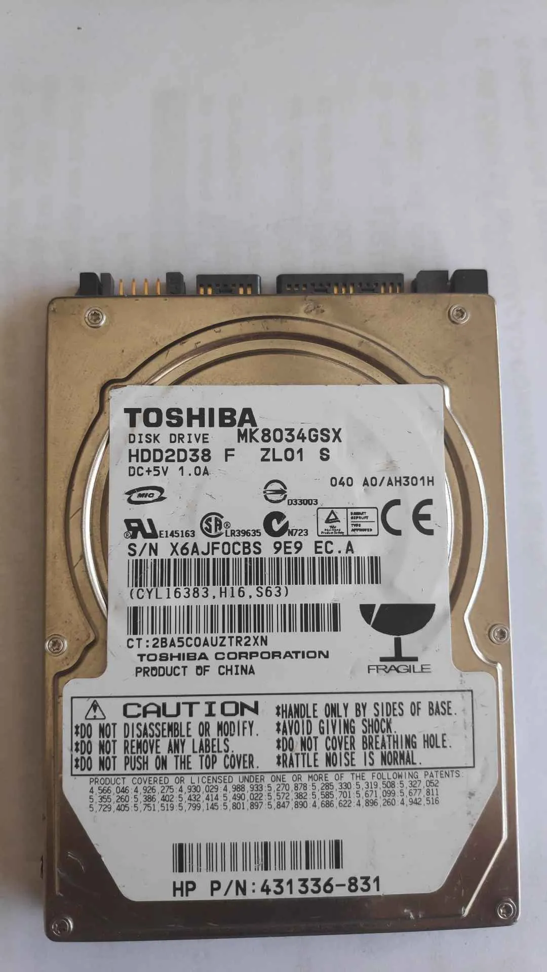 Toshiba MK8034GSX S/N X6AJF0CBS9E9