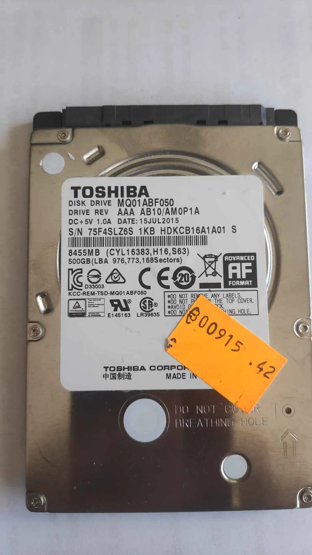 Toshiba MQ01ABF050 S/N 75F4SLZ6S1KB